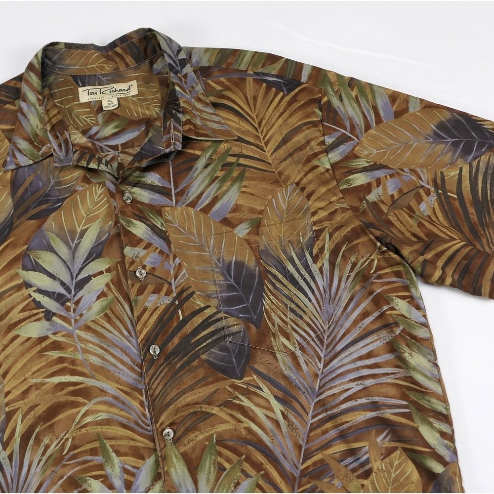 Tori Richard Honolulu Mens XL Brown Tropical Leaf Print Cotton Lawn Aloha Shirt